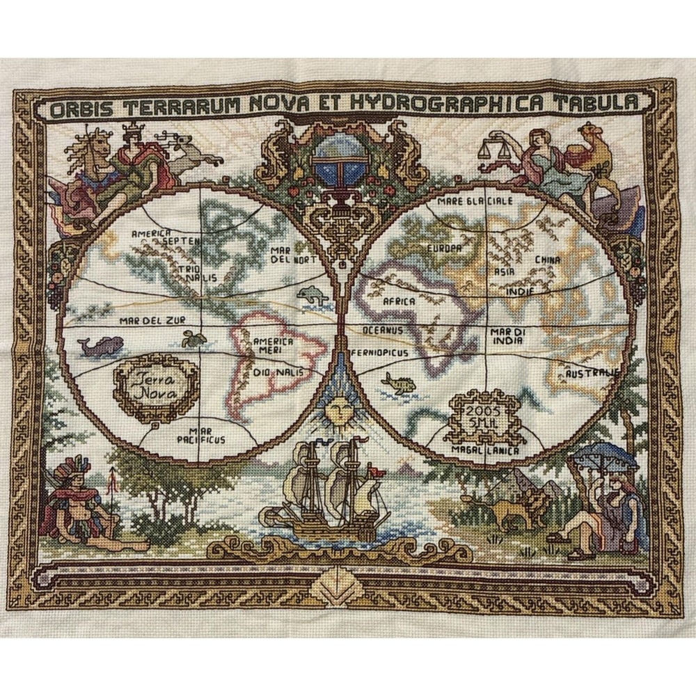 Completed Finished Janlynn Platinum Olde World Map Counted Cross Stitch 18"x15"